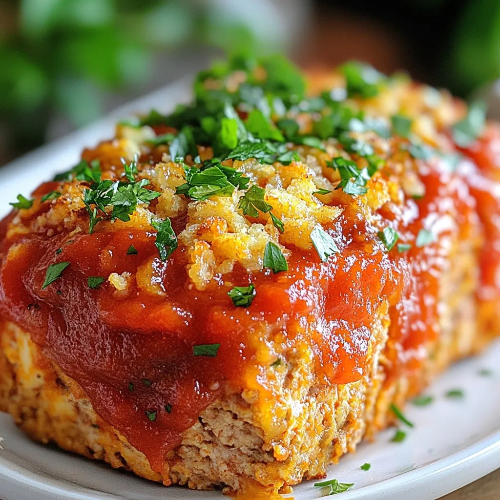 - 1 lb ground chicken - ½ cup grated Parmesan cheese - 1 cup breadcrumbs - 2 cloves garlic, minced - ¼ cup fresh parsley, chopped - ½ small onion, finely chopped - 2 tablespoons Worcestershire sauce - 1 teaspoon Italian seasoning - ½ cup marinara sauce - Salt and pepper to taste - Optional seasonings for customization When making Garlic Parmesan Chicken Meatloaf, the right ingredients matter a lot. Ground chicken is the star here. It makes the meatloaf juicy and light. The Parmesan cheese adds a rich, savory flavor. It also helps bind everything together. Breadcrumbs give the meatloaf a nice texture. Next, the additional ingredients bring the dish to life. Garlic adds a punch of flavor. Fresh parsley brings a burst of color and freshness. The onion gives a sweet note. Worcestershire sauce adds depth, while Italian seasoning brings warmth and spice. Don't forget the marinara sauce! It keeps the meatloaf moist and adds a lovely tang. Seasoning is crucial for flavor. Salt and pepper are your best friends. You can also add optional spices like paprika or red pepper flakes for a kick. Each ingredient works together to create a tasty and satisfying dish. {{ingredient_image_1}} 1. First, preheat your oven to 375°F (190°C). This helps cook the meatloaf evenly. 2. Next, line a baking sheet with parchment paper. This makes cleanup easy. 3. In a large mixing bowl, add the ground chicken, breadcrumbs, grated Parmesan, and chopped parsley. 4. Then, mix in the minced garlic, finely chopped onion, and the egg. 5. After that, pour in the Worcestershire sauce, Italian seasoning, salt, and pepper. 6. Mix all the ingredients well. Be careful not to overmix; you want a tender meatloaf. 1. Now, shape the meat mixture into a loaf. Make sure it’s even on all sides. 2. Place the meatloaf on the prepared baking sheet. 3. Spread the marinara sauce evenly over the top. This keeps it moist and adds flavor. 1. Bake the meatloaf in the preheated oven for about 45-50 minutes. 2. Check the internal temperature. It should reach 165°F (75°C) to be safe. 3. Once done, remove the meatloaf from the oven. 4. Let it rest for 5-10 minutes before slicing. This helps keep it juicy. To make the best meatloaf, keep a few things in mind. First, avoid overmixing the ingredients. If you mix too much, the meatloaf will turn out tough. Just stir until everything is combined. Next, focus on moisture retention. Adding a layer of marinara sauce on top keeps the meatloaf juicy. This sauce adds flavor and helps with texture. You can also use breadcrumbs for moisture. They soak up juices and create a tender bite. For added flavor, think about herbs and spices. Fresh parsley elevates the dish with its bright taste. You can also add a pinch of garlic powder or paprika for extra kick. Italian seasoning blends well with the chicken. Another fun way to enhance flavor is by adding veggies. Chopped bell peppers or grated zucchini can work wonders. They not only add taste but also boost nutrition. Just make sure to keep the veggie size small, so they mix well. When serving, think about sides that complement the meatloaf. Roasted vegetables or creamy mashed potatoes pair nicely. They add color and balance to the plate. For presentation, slice the meatloaf and arrange it on a platter. Garnish with fresh parsley for a pop of color. A sprinkle of extra Parmesan on top can impress your guests. This simple touch makes the dish look gourmet! Pro Tips Keep It Moist: Adding marinara sauce on top not only adds flavor but also helps keep the meatloaf moist during baking. Don’t Overmix: When combining the ingredients, mix just until combined to keep the meatloaf tender. Rest Before Slicing: Allow the meatloaf to rest for 5-10 minutes after baking. This helps retain the juices for a better texture. Customize Your Herbs: Feel free to experiment with different herbs like thyme or basil for a unique flavor profile. {{image_2}} You can easily swap ground chicken for turkey or beef. Turkey gives a leaner option, while beef adds rich flavor. Both variations work well in this recipe. If you want a dairy-free twist, try using nutritional yeast instead of Parmesan cheese. This keeps the cheese flavor without the dairy. Marinara sauce is great, but you can try barbecue sauce or a spicy ketchup if you want to change things up. These sauces add a fun twist. For cheese lovers, consider using mozzarella or cheddar on top. They melt beautifully and add a nice texture. Want to boost nutrition? Add spinach or other greens right into the mix. They blend in well and add vitamins. You can also use whole-grain breadcrumbs instead of regular ones. This makes the meatloaf healthier without losing flavor. Store your leftover garlic Parmesan chicken meatloaf in the fridge. Place it in an airtight container. This keeps the meatloaf fresh for up to three days. To reheat, slice the meatloaf and place it on a microwave-safe plate. Heat for 1-2 minutes until warm. You can also use an oven at 350°F for about 10-15 minutes. For long-term storage, freeze the meatloaf. Wrap it tightly in plastic wrap, then place it in a freezer bag. This method helps prevent freezer burn. You can freeze it for up to three months. When ready to eat, thaw the meatloaf overnight in the fridge. Reheat in the oven or microwave until it reaches 165°F. Garlic Parmesan chicken meatloaf stays fresh for about three days in the fridge. Signs of spoilage include a sour smell, change in color, or slimy texture. If you notice any of these signs, it’s best to toss it out. For frozen meatloaf, use it within three months for best taste. Always check for any signs before cooking. You can pair Garlic Parmesan Chicken Meatloaf with many delicious side dishes. Here are some great options: - Roasted vegetables, like carrots and Brussels sprouts - Creamy mashed potatoes or garlic mashed potatoes - A fresh green salad with a light vinaigrette - Steamed broccoli or green beans - Rice or quinoa for a hearty option These sides add flavor and balance to your meal. They complement the savory taste of the meatloaf well. Yes, you can make this meatloaf ahead of time! Here are some tips for prep and storage: - Prepare the meatloaf mixture and shape it. - Cover it well and store it in the fridge for up to 24 hours. - You can also freeze it before baking. Wrap it tightly in plastic wrap and foil. - Thaw frozen meatloaf in the fridge overnight before baking. These tips help save time on busy days and keep your meatloaf fresh. Knowing when your meatloaf is ready is simple. Here’s how to check: - Use a meat thermometer to check the internal temperature. It should reach 165°F (75°C). - Look for nice browning on the top. - The meatloaf should feel firm but not dry. These signs ensure your meatloaf is cooked perfectly and safe to eat. This blog post covered how to make a tasty Garlic Parmesan Chicken Meatloaf. We explored key ingredients, step-by-step instructions, and helpful tips for a perfect dish. You learned ways to customize and store your meatloaf. In summary, enjoy the process. Experiment with flavors and make it yours. Follow these steps for great results. Happy cooking!