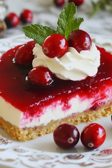 - 1 ½ cups graham cracker crumbs - ½ cup unsalted butter, melted - 2 cups cream cheese, softened - 1 cup granulated sugar - 1 teaspoon vanilla extract - 3 large eggs - 1 cup sour cream - 1 ½ cups fresh cranberries - ½ cup sugar for cranberry topping - 2 tablespoons water - Zest of 1 orange The ingredients for this easy cranberry cheesecake are simple but effective. Each one plays a role in creating a rich, creamy dessert. The graham cracker crumbs and melted butter form the crust. This crust adds a crunchy layer that balances the smooth filling. Next, cream cheese is the star of the show. It gives the cheesecake its creamy texture and tangy flavor. Granulated sugar sweetens the mix, while vanilla extract adds depth. Eggs help bind everything together, giving it structure as it bakes. Sour cream is key for a smooth texture. It also adds a bit of tang to cut the sweetness. Fresh cranberries bring a burst of flavor and color. The sugar and water create a sweet topping that complements the tartness of the berries. Finally, the orange zest adds a hint of brightness, making each bite more exciting. - 9-inch springform pan - Electric mixer - Medium and large mixing bowls - Small saucepan - Cooling rack To make this cheesecake, you need the right tools. A 9-inch springform pan is perfect because it allows easy removal. An electric mixer helps you whip the ingredients together quickly. You will need medium and large mixing bowls for different steps. A small saucepan is essential for making the cranberry topping. Lastly, a cooling rack helps the cheesecake cool evenly. Having these tools ready makes the process smooth and fun. {{ingredient_image_1}} - Preheat your oven to 325°F (160°C). - In a medium bowl, mix 1 ½ cups of graham cracker crumbs with ½ cup of melted butter. - Press this mixture into the bottom of your springform pan evenly. - In a large bowl, beat 2 cups of softened cream cheese with 1 cup of granulated sugar. - Add 3 large eggs one at a time, mixing well after each. - Blend in 1 cup of sour cream and the zest of 1 orange until smooth. - Pour the cheesecake batter over the cooled crust in the springform pan. - Bake for 50-60 minutes until the edges are set. The center should still jiggle slightly. - Once done, turn off the oven and crack the door. Let the cheesecake cool in the oven for 1 hour. - In a small saucepan, combine 1 ½ cups of fresh cranberries, ½ cup of sugar, and 2 tablespoons of water. - Cook over medium heat until the cranberries burst and the sauce thickens, about 8-10 minutes. - Remove from heat and let the topping cool before adding it to the cheesecake. - Once the cheesecake is cool, spread the cranberry topping on top evenly. - Refrigerate the cheesecake for at least 4 hours or overnight to let it set completely. - Avoid overmixing once the eggs are added. This keeps your cheesecake light and fluffy. - Ensure all ingredients are at room temperature. Cold ingredients can cause lumps. - Use a water bath for a creamier texture (optional). Wrap the pan in foil to prevent water from leaking in. Place it in a larger pan with water before baking. - Top with whipped cream and whole cranberries. This adds a festive touch and richness. - Garnish with fresh mint leaves. They add color and a refreshing flavor contrast. Pro Tips Chill the Cream Cheese: For a smoother batter, ensure the cream cheese is at room temperature. This helps prevent lumps and creates a velvety texture. Don't Overmix: Mix the batter until just combined, especially after adding the eggs. Overmixing can lead to cracks in the cheesecake. Use a Water Bath: For an even creamier cheesecake, consider baking in a water bath. This helps regulate the temperature and prevents the cheesecake from drying out. Cool Gradually: Let the cheesecake cool slowly in the oven after baking. This prevents sudden temperature changes that can cause cracks. {{image_2}} You can get creative with your cheesecake flavors. Adding different fruits can change the taste. Try adding raspberries or blueberries for a fresh twist. They will add sweetness and color. You can also use a chocolate or caramel drizzle. This will give your cheesecake an extra layer of richness. A drizzle can make each slice look more tempting. You don’t have to stick to the same ingredients. You can swap sour cream for Greek yogurt. This will add protein and a tangy flavor. If you want a gluten-free option, try using gluten-free graham crackers. They work just as well in the crust. These swaps keep your cheesecake tasty while fitting different diets. To keep your cranberry cheesecake fresh, store it in the fridge. Place it in an airtight container. This helps to keep the cheesecake moist and tasty. Aim to eat it within 4-5 days for the best flavor. You can freeze the cheesecake if you need to save it for later. Wrap it tightly in plastic wrap and then in foil. This helps prevent freezer burn. When you are ready to enjoy it, thaw it in the fridge overnight. To serve, slice it while still cold for neat portions. Let it sit at room temperature for about 30 minutes before serving for the best taste. Yes, you can make the cheesecake in advance. I like to prepare it a day before serving. It lets the flavors blend well. Once you finish baking and cooling, cover it with plastic wrap. Place it in the fridge overnight. This way, it sets perfectly and is ready when you are. The longer it chills, the better it tastes! You can tell when the cheesecake is done by looking at the edges. They should be set, while the center remains slightly jiggly. This jiggly part will firm up as it cools. Keep an eye on the time, too. Bake it for 50 to 60 minutes at 325°F (160°C). If it looks good, turn off the oven and let it cool with the door cracked. Absolutely! You can make the cranberry topping ahead of time. Cook the cranberries, sugar, and water as directed. Once it thickens, let it cool. Store it in the fridge for up to two days. When ready, just spread it over the cheesecake. It saves time and makes serving easier! This cheesecake recipe combines rich cream cheese and tart cranberries for a delightful treat. You prepare the crust, mix the batter, and bake it to perfection. Don’t forget to top it with the sweet cranberry sauce for a burst of flavor. With the tips offered, you can tweak recipes or make it ahead. Enjoy this cheesecake soon. It’s a wonderful addition to any gathering or a special moment.